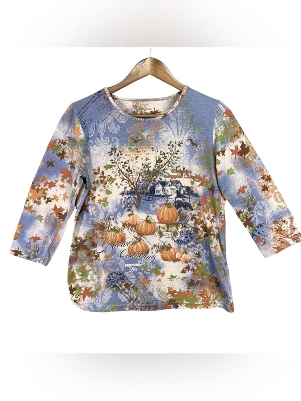 Vtg Y2K Fall Harvest All Over Print Blouse Top Small 3/4 Sleeve Leaves Pumpkins